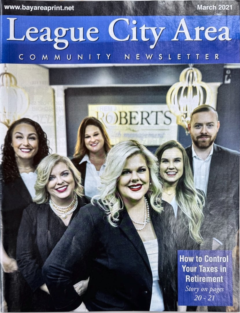 League City Area Community Newsletter March 2021 cover featuring the advisory team